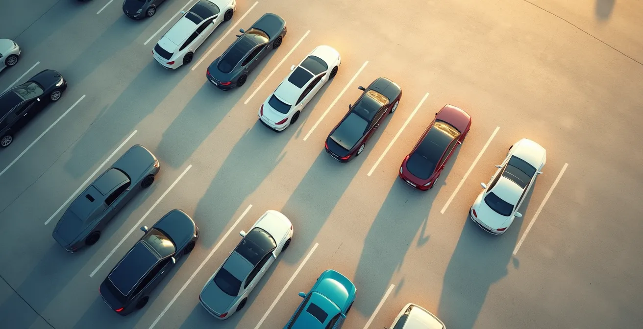 Vue en plongée d'un parking avec des voitures formant un motif géométrique, éclairage dramatique du soir