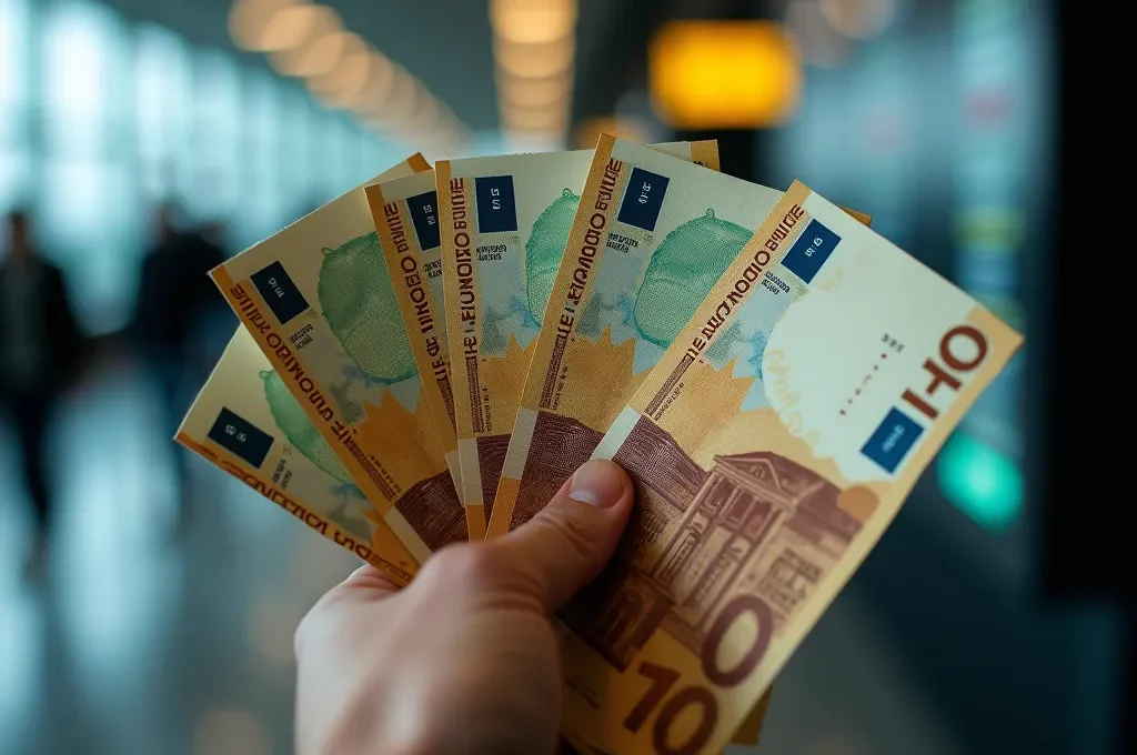 Gros plan sur une main tenant plusieurs billets d'euros froissés avec un arrière-plan de tableau de départ flou