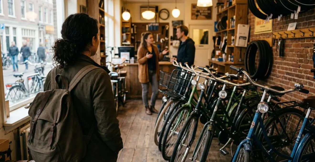 Intérieur d'une boutique de vélos spécialisée avec une rangée de vélos hollandais colorés, un vendeur conseillant un client en arrière-plan