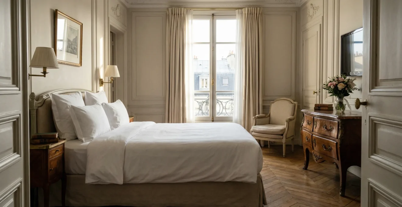 Chambre hôtel élégante style parisien classique avec fenêtre lumière naturelle