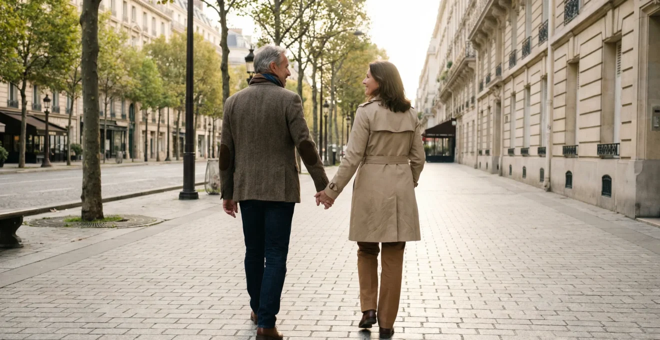 Couple de voyageurs européens marchant dans rue parisienne élégante matin