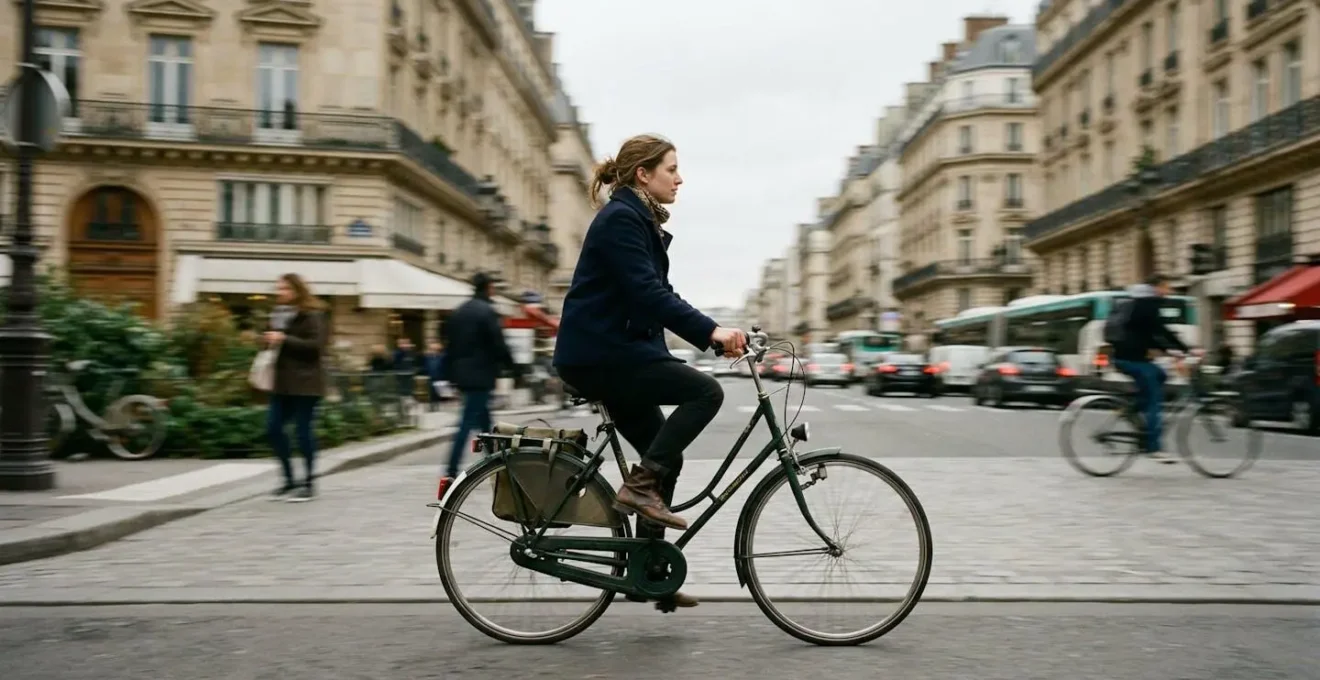 Un cycliste en mouvement sur une piste cyclable parisienne, vu de profil sur son vélo de ville, arrière-plan urbain flou