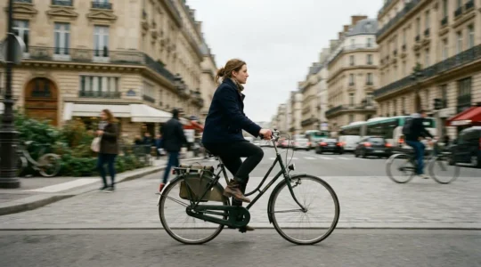 Un cycliste en mouvement sur une piste cyclable parisienne, vu de profil sur son vélo de ville, arrière-plan urbain flou