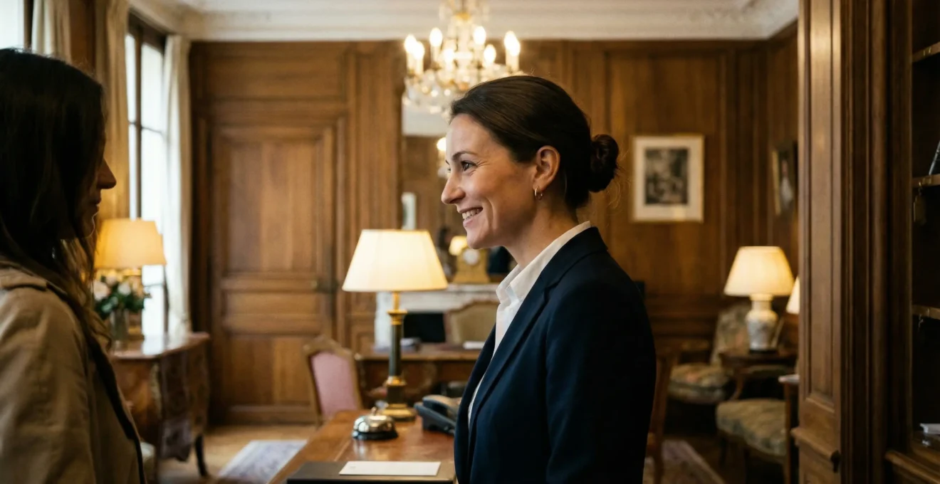 Réception hôtel de charme Paris 8e arrondissement avec boiseries et décor classique