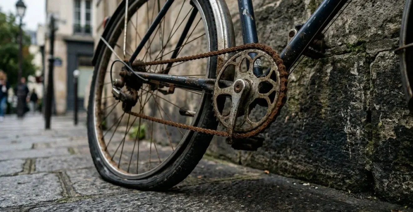 Un vélo abandonné contre un mur parisien, chaîne rouillée visible et pneu arrière dégonflé