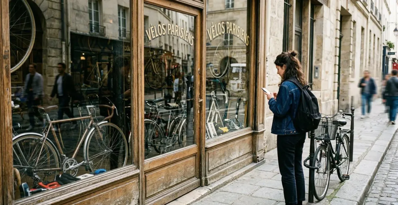 Une personne consulte son téléphone devant la vitrine d'un magasin de vélos, son expression reflète la réflexion
