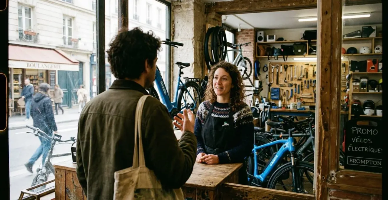 Un client discute avec un vendeur dans un atelier vélo, des vélos électriques sont visibles en arrière-plan dans une boutique parisienne