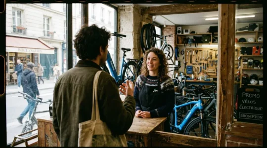 Un client discute avec un vendeur dans un atelier vélo, des vélos électriques sont visibles en arrière-plan dans une boutique parisienne