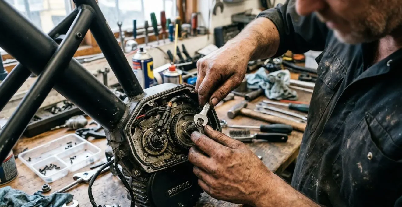 Les mains d'un technicien vélo travaillent sur le moteur d'un vélo électrique dans un atelier, des outils sont visibles sur l'établi