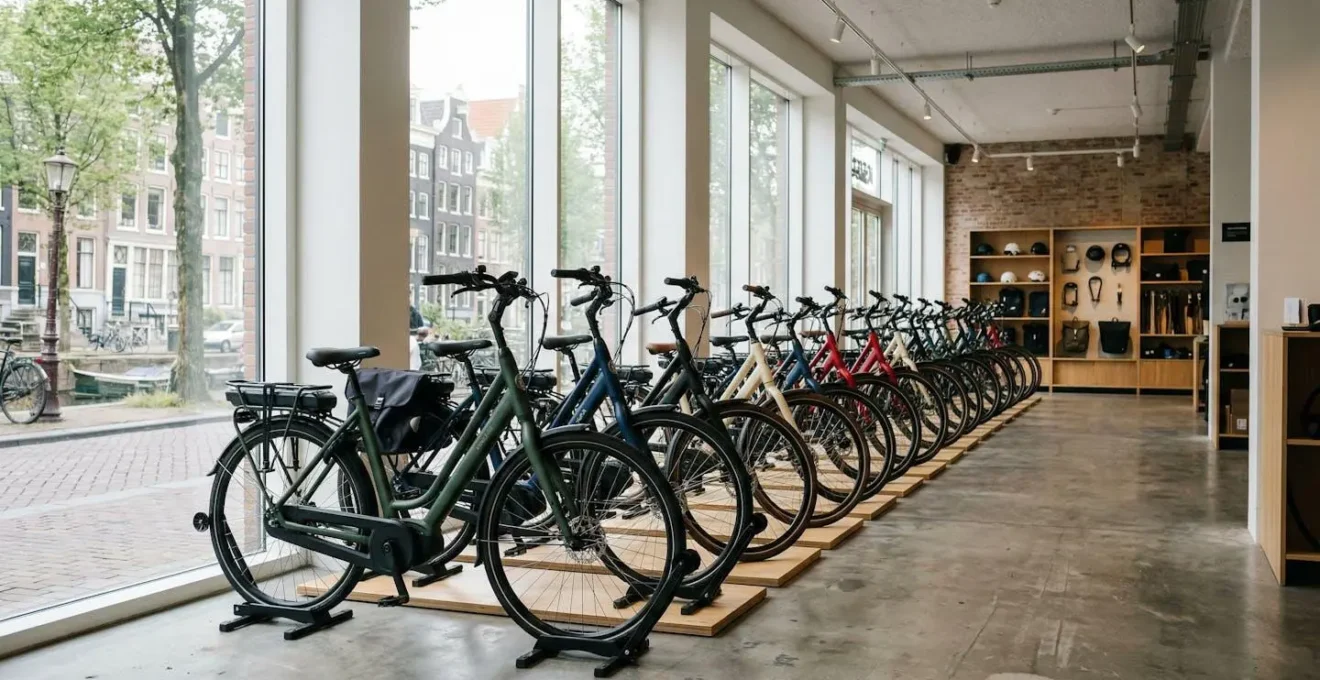 Une rangée de vélos hollandais électriques dans un showroom lumineux avec de grandes vitrines